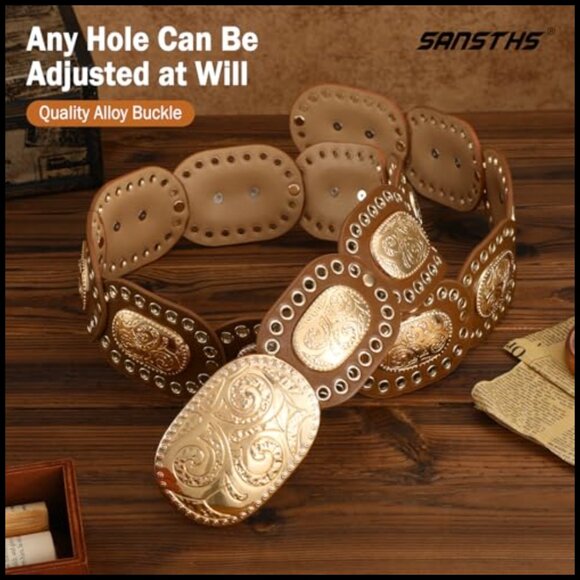Western Disc Belt Concho Wide Boho Style Adjustable Faux Leather Accessory